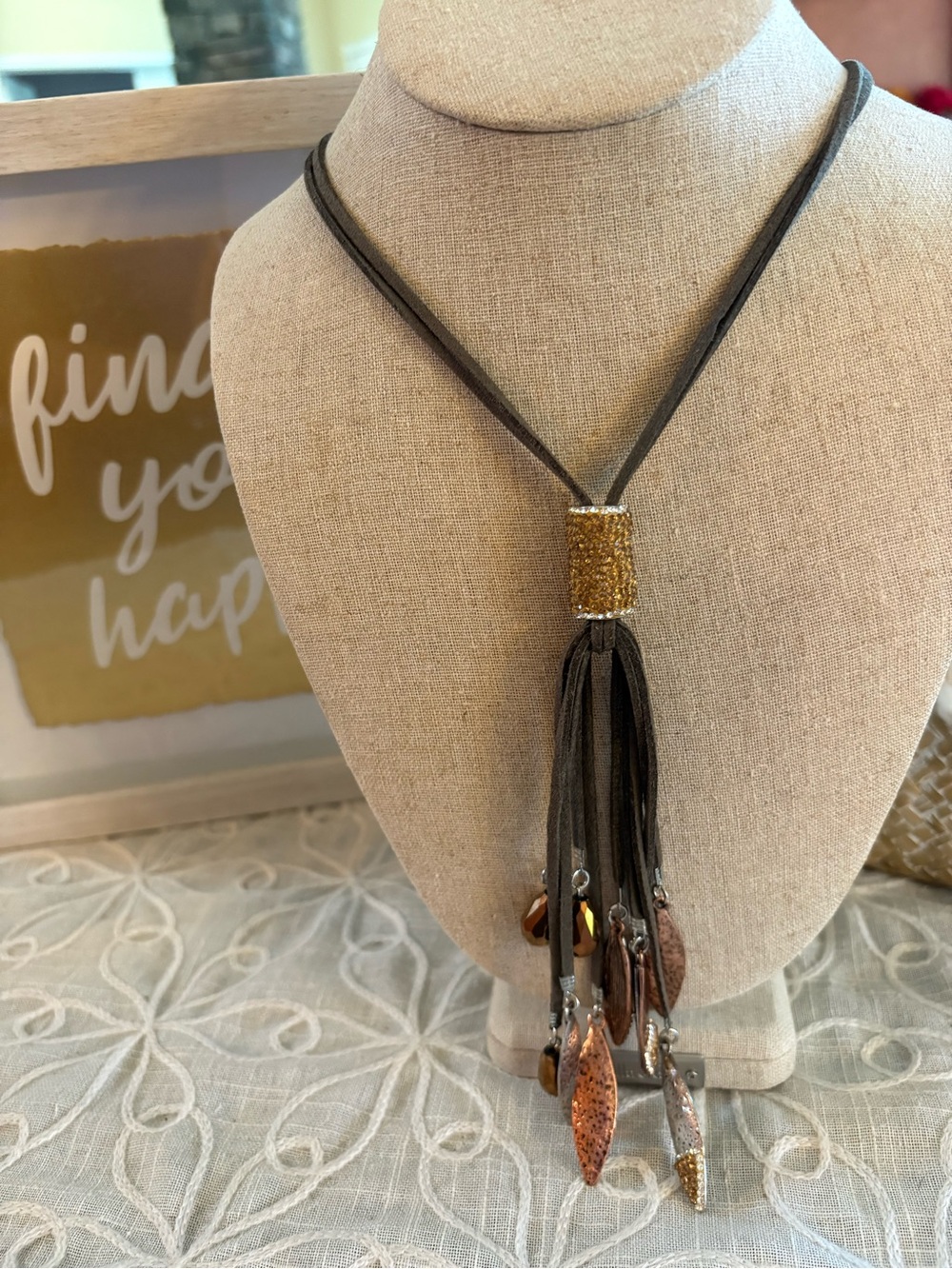 Boho Brown Suede Tassel Statement Necklace Mixed Metal Leaf Charms